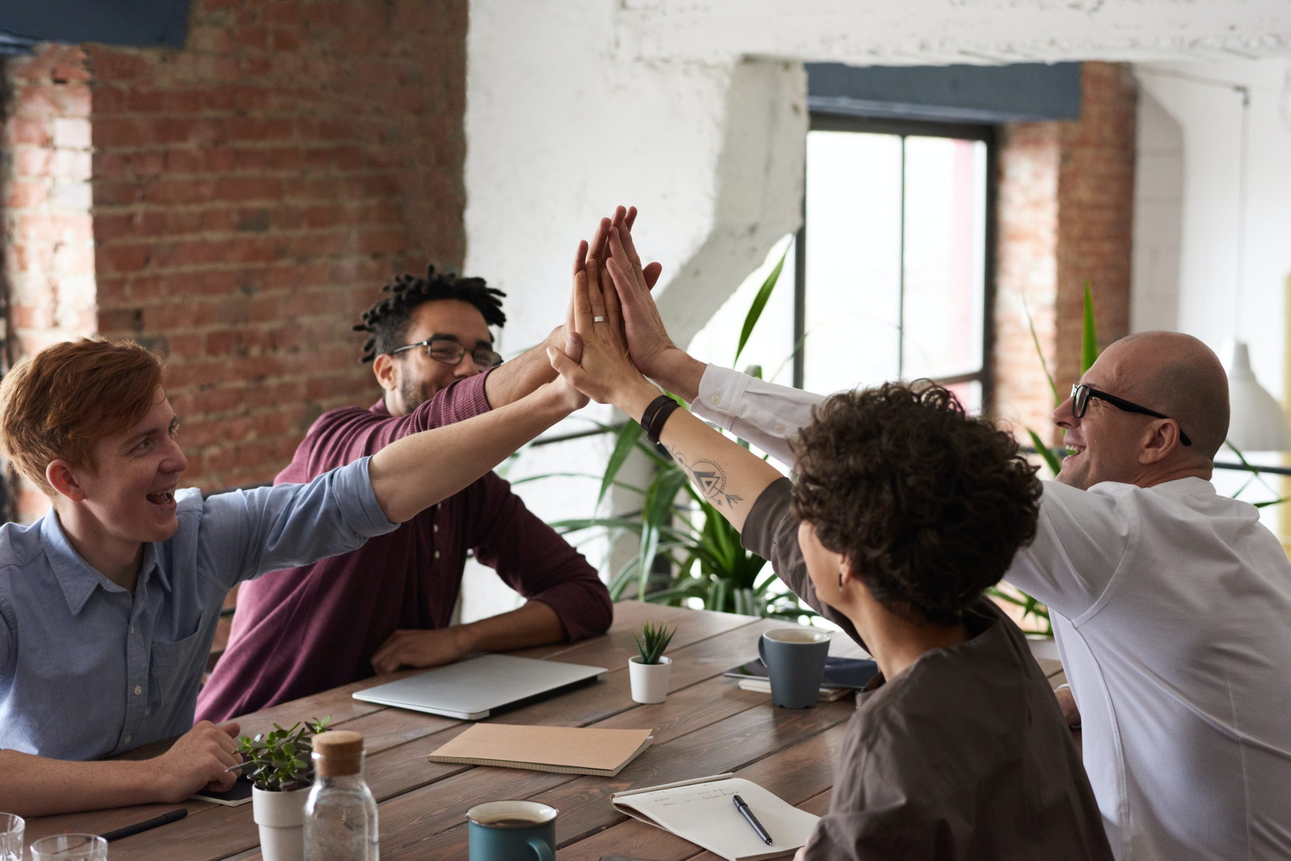 Photo of a team of people giving each other a high five. 