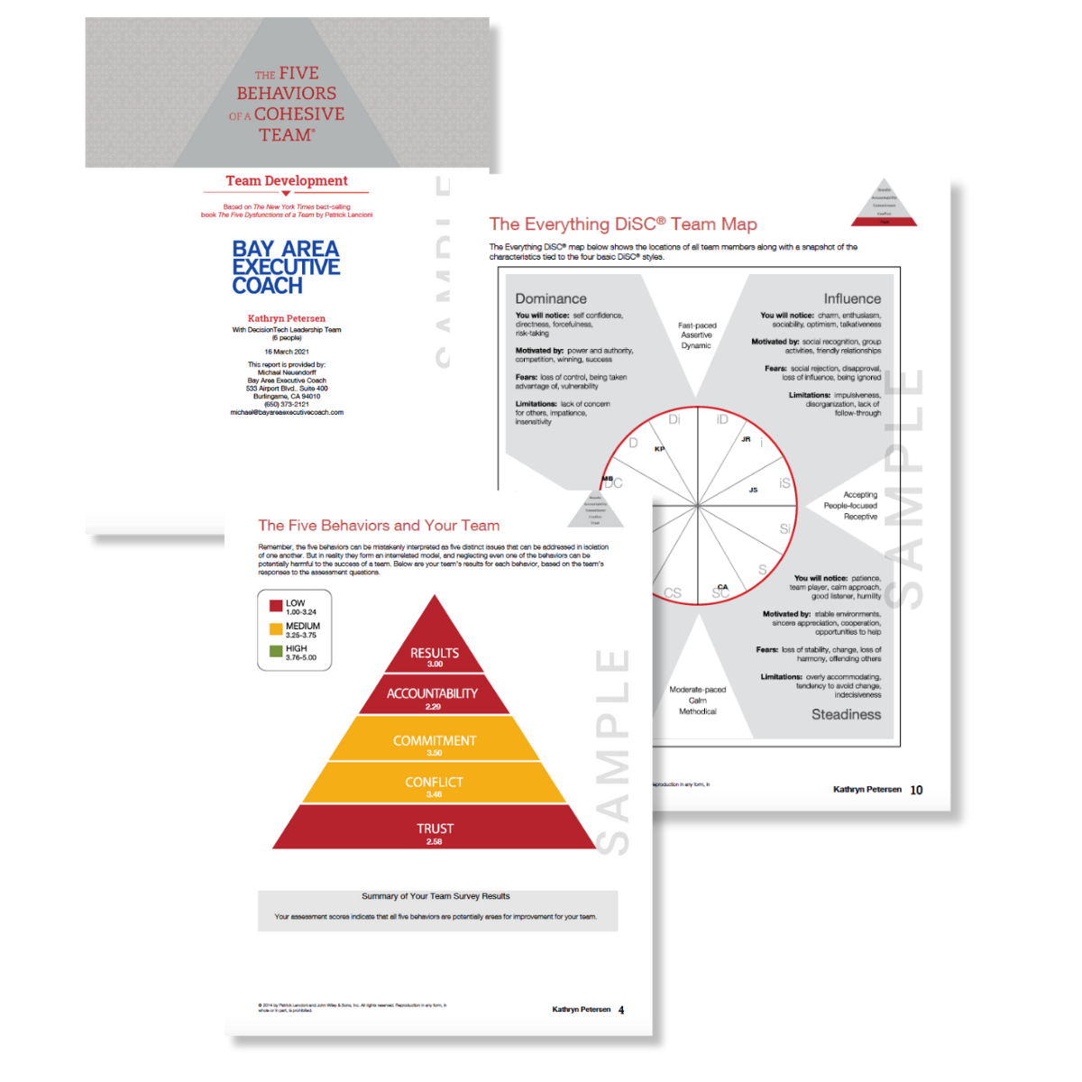 Thumbnails of the five behaviors team development sample report. 