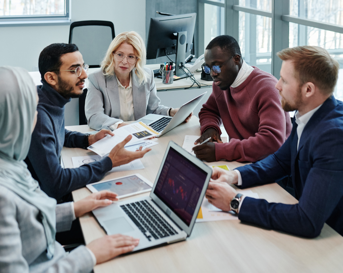 A team of office workers having a meeting. 