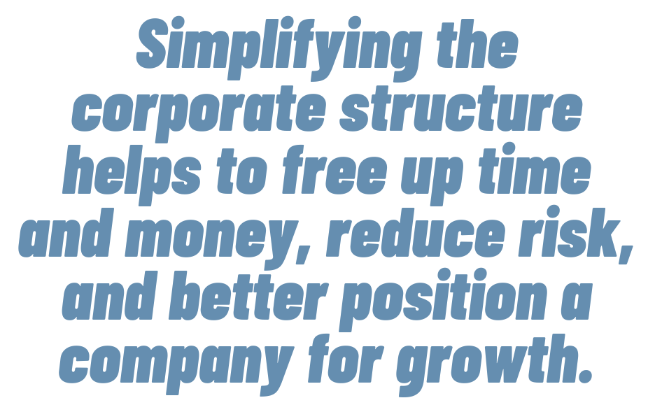 Text that says, "Simplifying the corporate structure helps to free up time and money, reduce risk, and better position a company for growth."