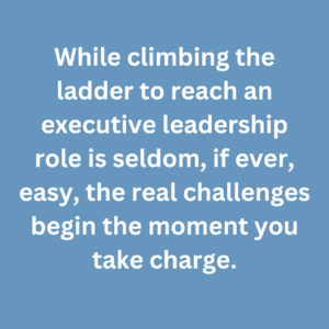 A quote that says, "While climbing the ladder to reach an executive leadership role is seldom, if ever, easy, the real challenges begin the moment you take charge." 