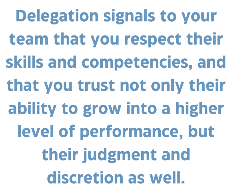 A quote that says, "Delegation signals to your team that you respect their skills and competencies, and that you trust not only their ability to grow into a higher level of performance, but their judgement and discretion as well." 