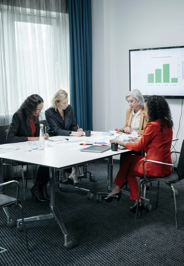 Four business women in an office working on strategic planning. 