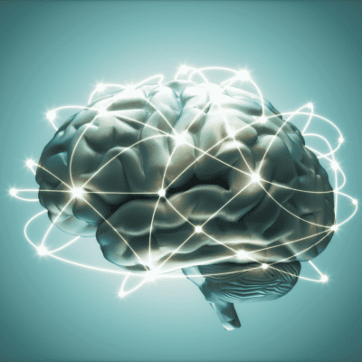 A stylized render of a brain with a web of pulsing lights around it.